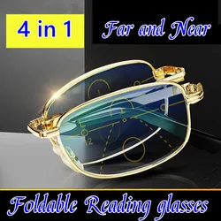 Gafas de lectura plegables bifocales de lujo con caja de cuero Unisex, lentes de Metal plegables, gafas de visión, dioptrías