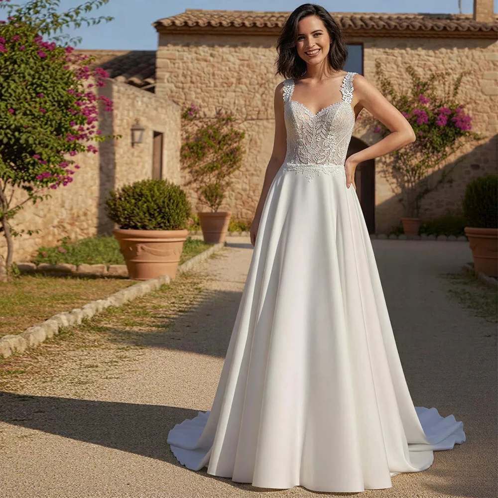 Pastrol A-Line Satin Wedding Dress for Brides High Quality Customized Sweetheart Lace Spaghetti Straps Sleeveless Bridal Gowns