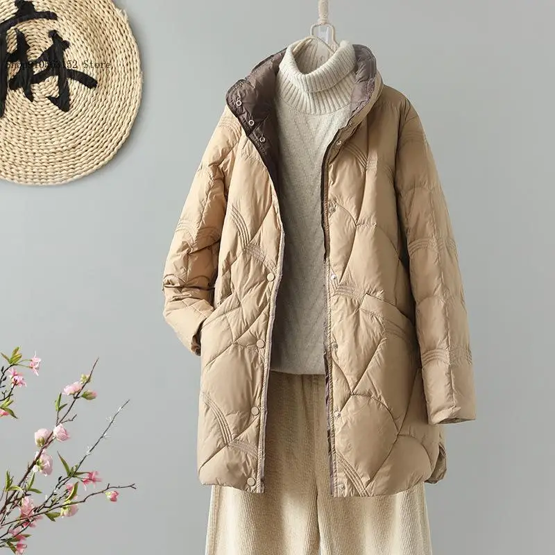 Autumn Winter Spring Stand Up Collar White Duck Down Mid Thin Loose Warm Mid Long Auspicious Cloud Style Down Jacket Coat Women