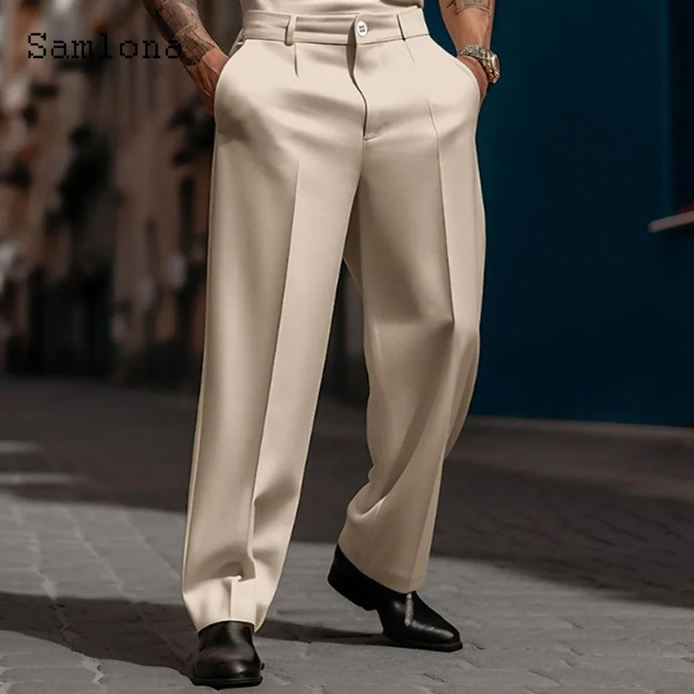 2023 Men\'s Stand Pocket Elegant Wide Leg Pants Solid White Party Wedding Trousers Plus Size Mens Fashion Buttons Up Suit Pants