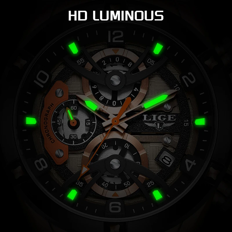 ساعات LIGE مقاومة للماء للرجال، ساعة يد رياضية عسكرية عصرية للرجال من أفضل العلامات التجارية الفاخرة باللون الأسود من السيليكون كرونوغراف كوارتز