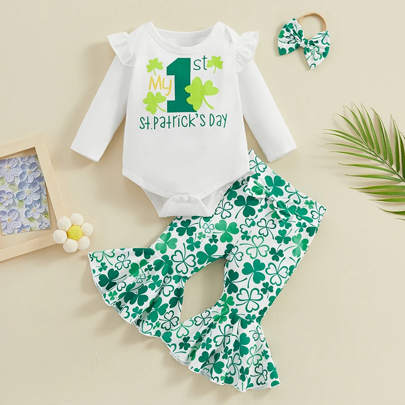 Infant My 1st St Patrick s Day Baby Girl Outfit Long Sleeve Romper Clover Shamrock Flared Pants Set Newborn Clothes