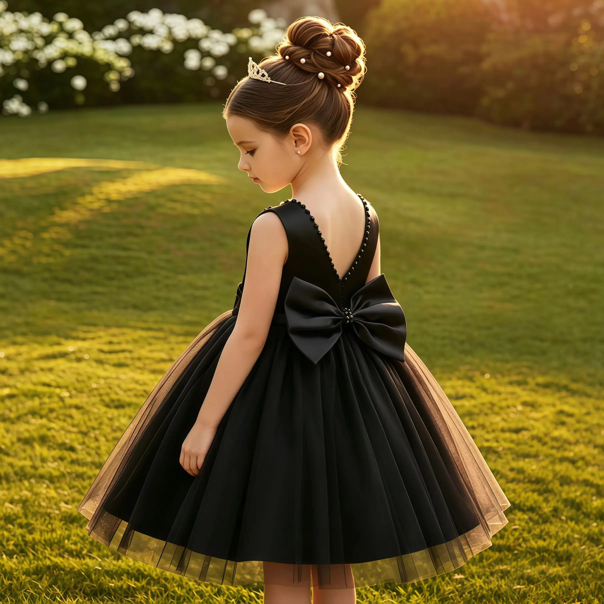 Flower Girls Sleeveless Tulle Princess Dress With Big Bow Deep V Back For Wedding Birthday Pageant Graduation Formal Occasion