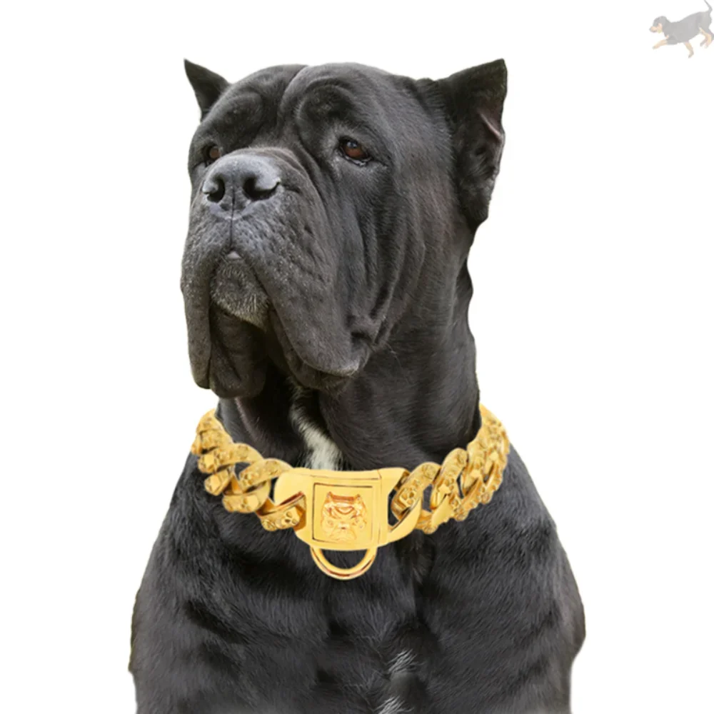 PMGPET 32mm Gold Big Dog Collar  Skull Pattern Stainless Steel Metal Pet Choker Bully Pitbull Dogo Bulldog Heavy Powerful Dogs