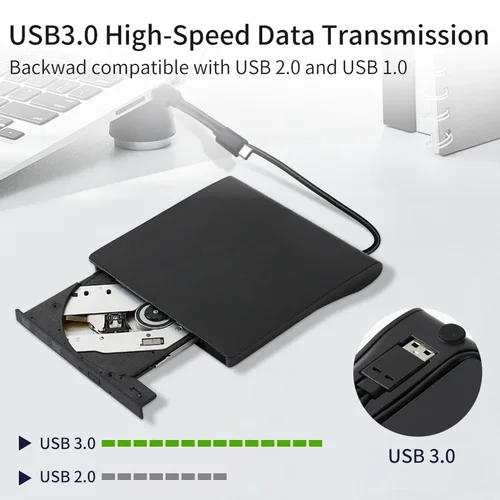 Imagen 2 del producto Grabador de DVD externo USB 3,0 tipo C, unidad óptica RW, CD, DVD-ROM, lector, grabadora de DVD portátil para PC y portátil