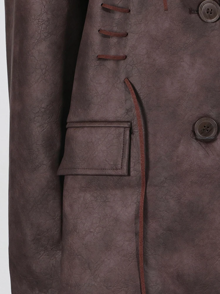 YERMORA Coffee PU Leather Irregular Bandage Blazer For Women Lapel Long Sleeve Loose New Jacket Fashion Tide Sring Autumn 2025