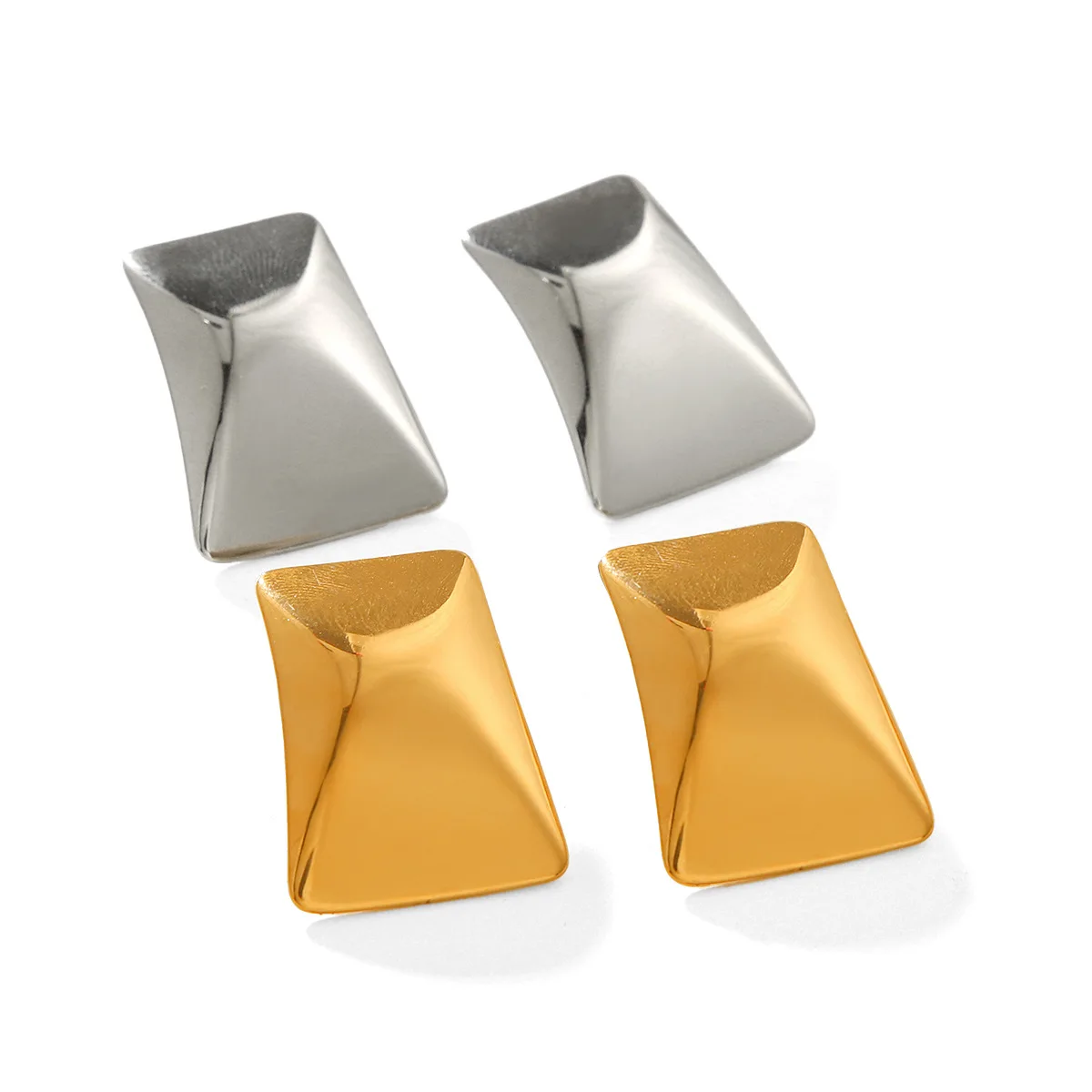 18K Gold Stud Earrings, Polished Rectangular Concave-Convex Earrings, Fashionable Versatile Titanium Steel Ear Jewelry