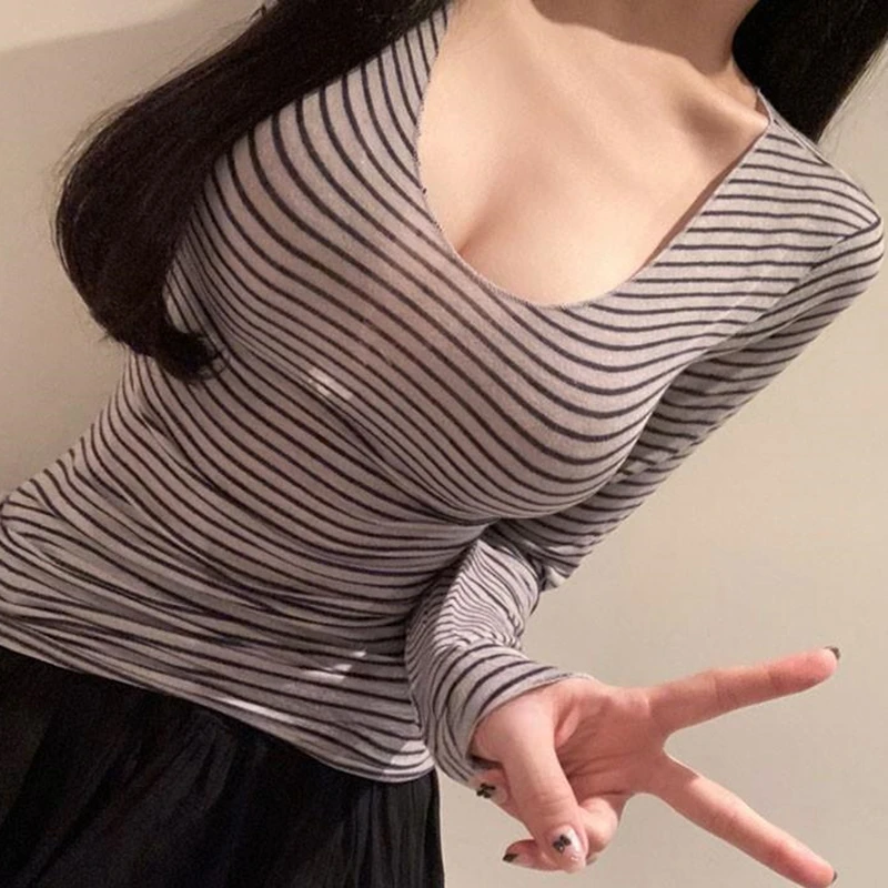 Slim Fit V-Neck Long Sleeve T-Shirt Women's Thin Transparent Striped Base Shirt Korean Style Winter Fashion Soft Comfortable ...