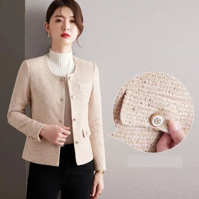 2024 New Spring Autumn Women Single Breasted Slim Short Jacket Fashion Apricot Black Tweed Jacket Casual Female Outwear Tops