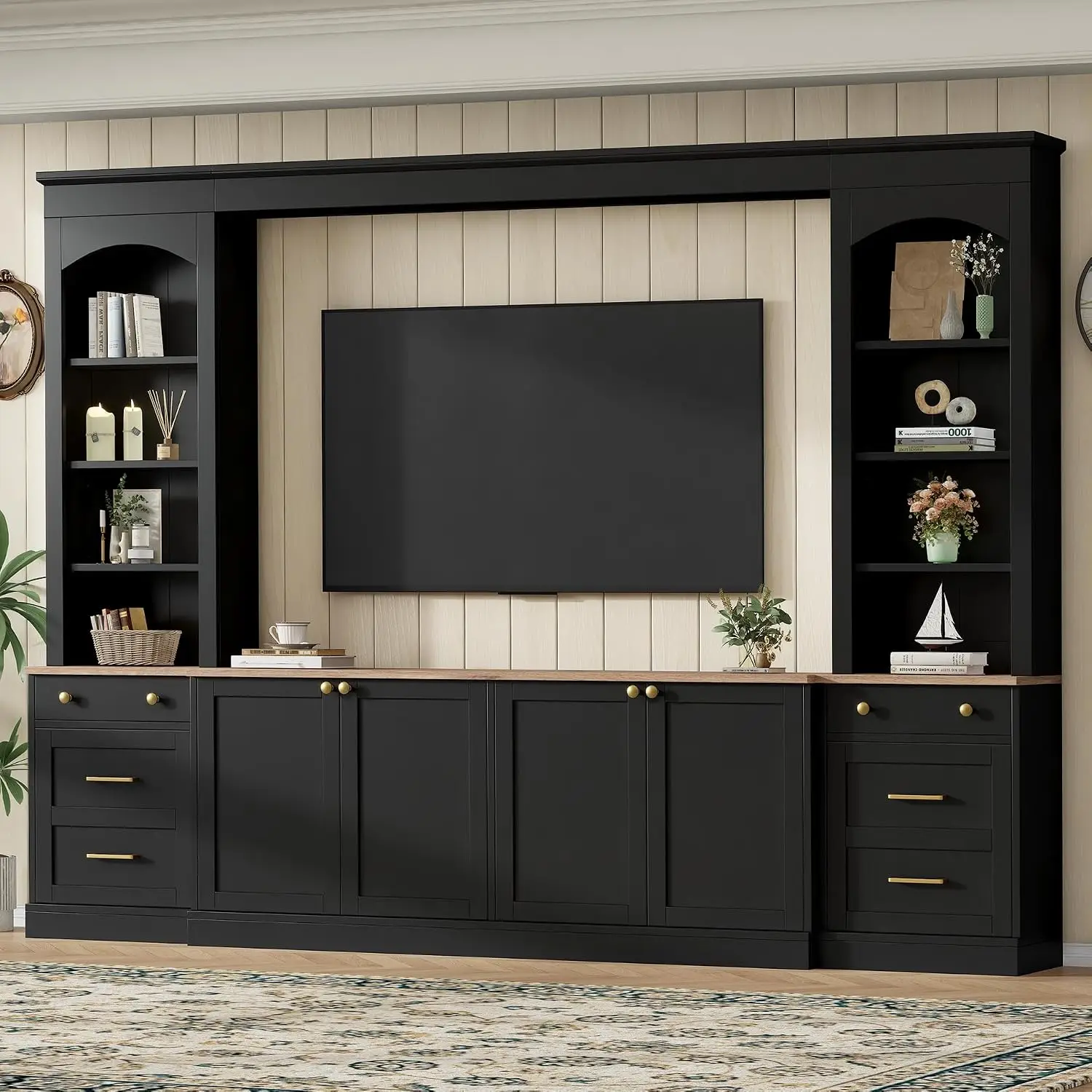 4 Piece Entertainment Center Wall Unit for TVs up to 70 Inch, Black, Customized