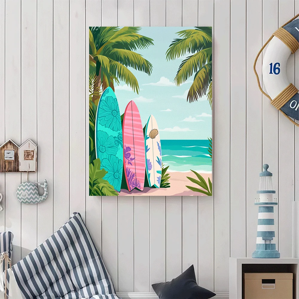 1PC-Canvas poster Unframed  Tropical Beach Surfboards Palm Trees Ocean View Summer Vibes Art Print  summer