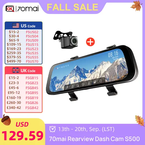 70mai Rearview Dash Cam Update Version S500 9.35'' Touch Screen Car DVR 3K Super Capacitor Dual-Channel HDR Voice Control 24H P