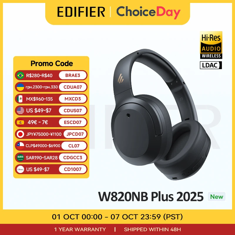 

Edifier W820NB Plus(2025 Ver.) ANC Wireless Headphone Bluetooth 6.1 Over-ear Headset -49dB Noise Canelling Earphone Hi-Res Audio
