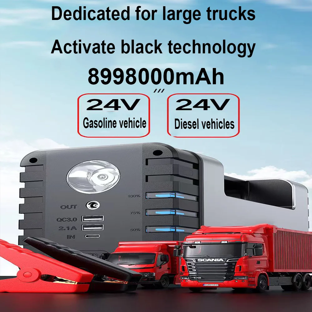 Large Trucks Auto Battery Charger Power High Capacity 24V 8998000mAh Jump Starter Device Charging System And Start Operating