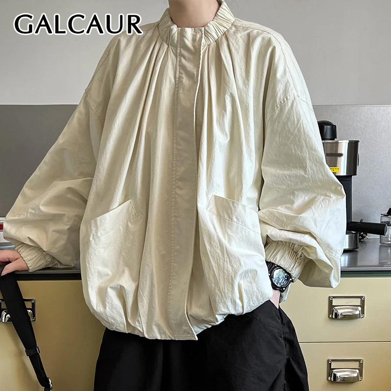 

GALCAUR High Street Patchwork Elasticated Jacket Stand Collar Long Sleeve Spliced Zipper Loose Casual Coat Female Autumn Clothes