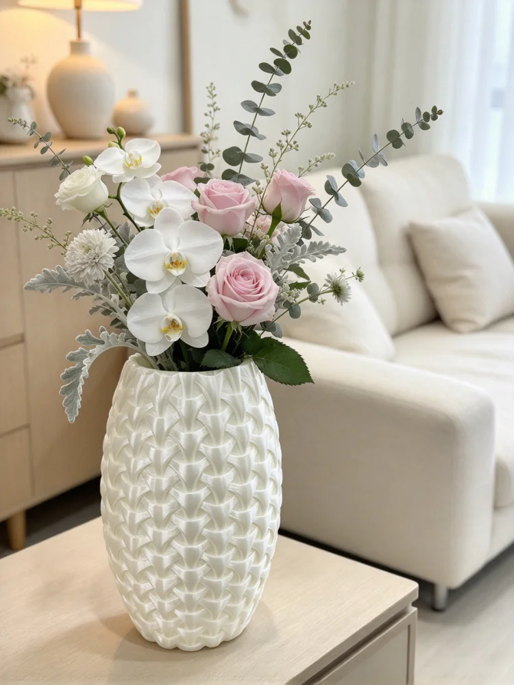 3D Printed White Woven Texture Vase, Mini Size, Suitable for Home and Office Use, Decorative Flower Vessel Made of Pla Material, Safe and Environmentally Friendly, with Delicate Workmanship and a Three-Dimensional Woven Pattern Design. Can Be Used for Flower Arrangements in Home Living Rooms, Bathrooms, and Dressing Tables, or Placed on Office Desks to Add an Elegant Atmosphere. Suitable for Various Decoration Styles, It Is Both a Practical Flower Container and a Desktop Decoration Piece. Modern and Minimalist, Suitable for Both Home and Office Use