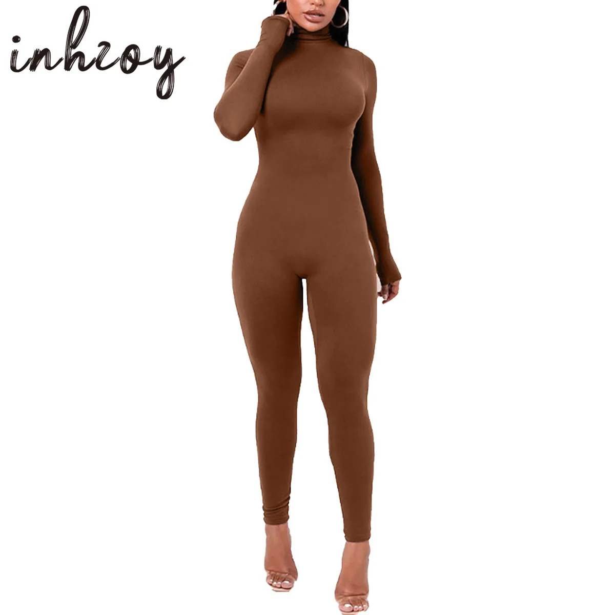 

Women Long Sleeves High Neck Jumpsuit Solid Zipper Back Fitness Rompers Playsuits Bodysuit Overalls Pole Dancing Clubwear