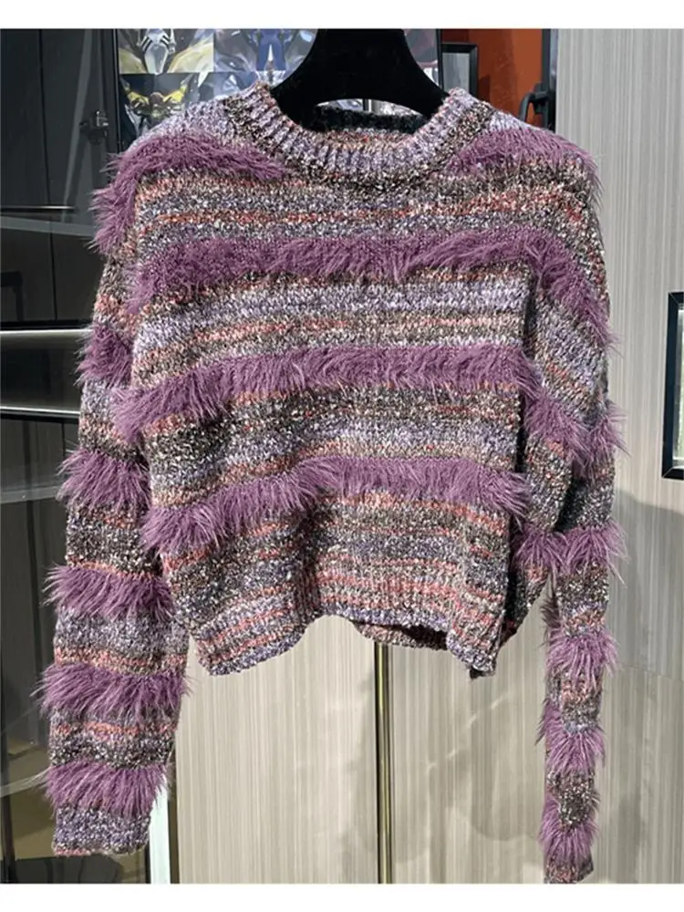 

Фиолетовый вязаный свитер с бахромой для женщин, оригинальный дизайн, повседневный, уникальный, весенний, модный, для молодых девушек