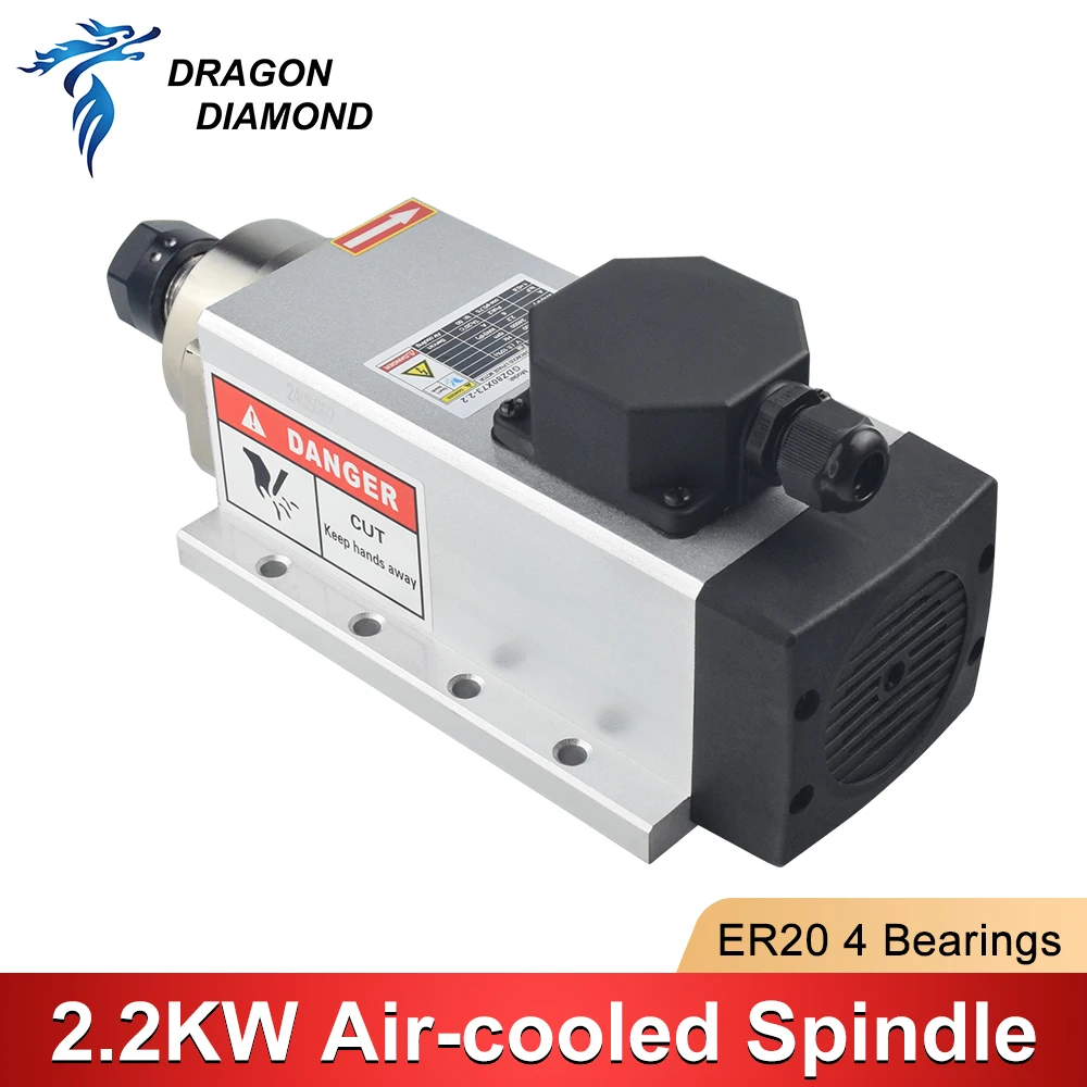 2.2KW Air Cooling Square Spindle Motor ER20 220V/380V Runout-off 0.01mm 4pcs Bearing Spindle For CNC Milling Machine