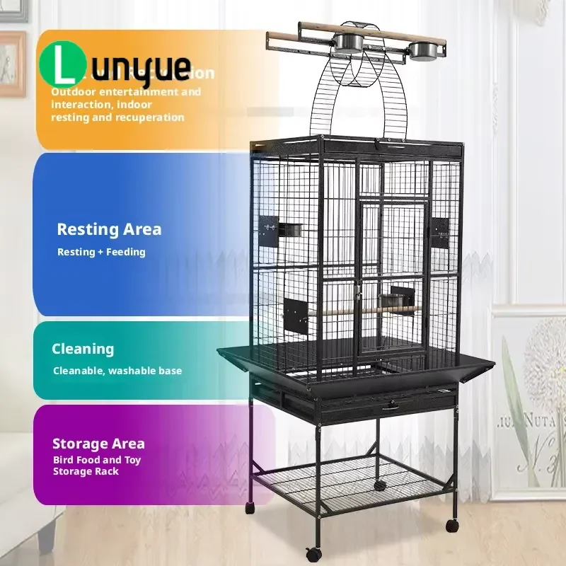 Large Solid Iron Parrot Cage with Movable Top Bracket Rolling Base Storage Rack Splash Proof Fence for Large Bird Breeding