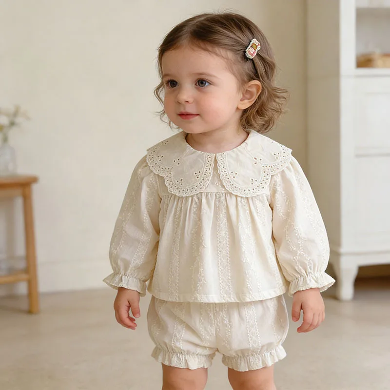 

Baby Outfit for Spring and Summer: New Fashionable Jacquard Embroidered Doll Top and Bloomers Two-Piece Set for Baby Girls