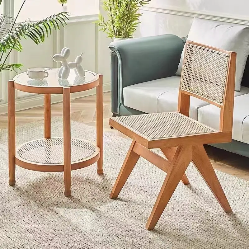 Madeira maciça internet celebridade redonda mesa de centro log cor japonês casa dupla camada rattan tecido changhong vidro pequeno