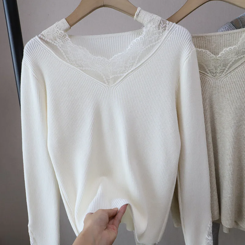 Winter Knitted Lace Top Women's Base Layer V-Ne Splicing Slimming Oats Color Warm Gentle Sle Faionable Innerwear
