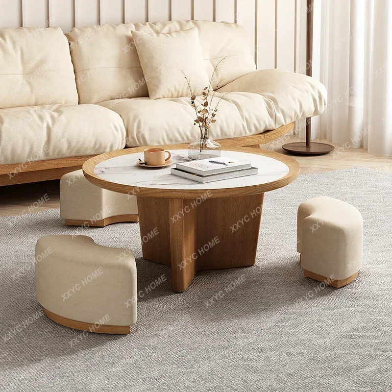 Nordic solid wood small apartment simple modern rock slab round tea table combination