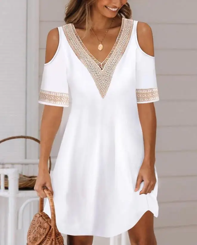 

Womens Dresses 2024 Summer Fashion Contrast Lace Cold Shoulder Casual V-Neck Plain Half Sleeve Daily A Line Mini Vacation Dress