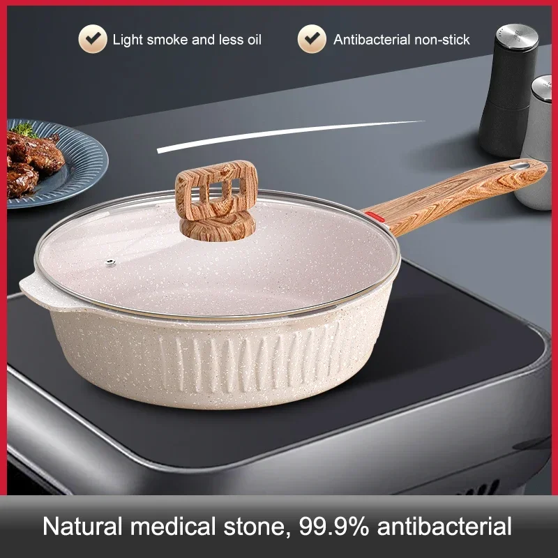 

24cm With Lid Medical Stone Pan White Nonstick Quality Wok Suitable For 1-2 People Kitchen Breakfast Making Cookware