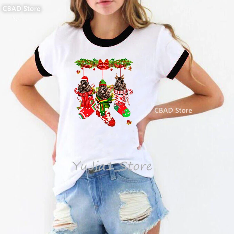 

Cocker Spaniel Christmas Socks Print Tshirt Girls Merry Xmas Gift Dogs Lover T Shirt Women Harajuku Kawaii Clothes T-Shirt