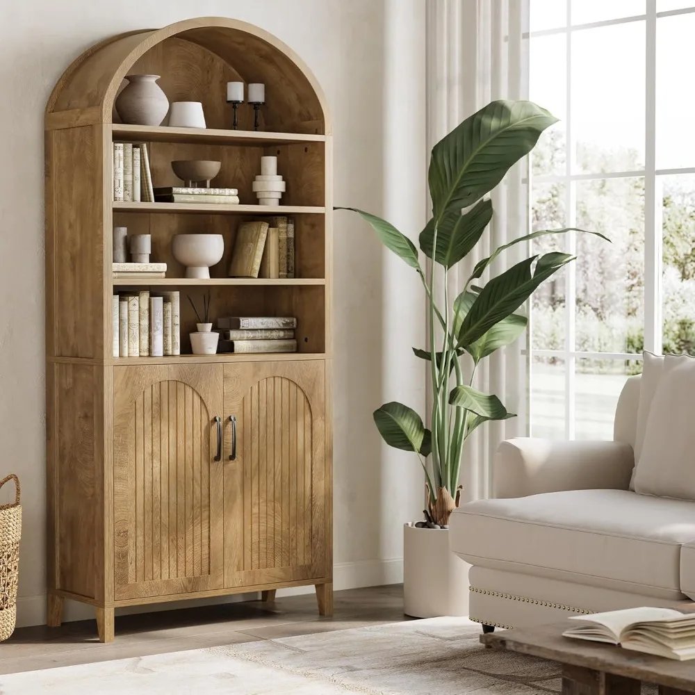 خزانة كتب مقوسة بطول 70.9 بوصة، رف كتب من 8 طبقات مع أبواب وأرفف قابلة للتعديل، خزانة كتب كبيرة للمزرعة للعيش