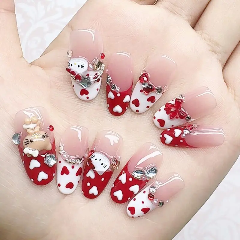 

Hello Kitty Red Heart 3D Nail Art Stickers Cute Cartoon Press-On Nails With Rhinestones Decorative Full Cover Fake Nails
