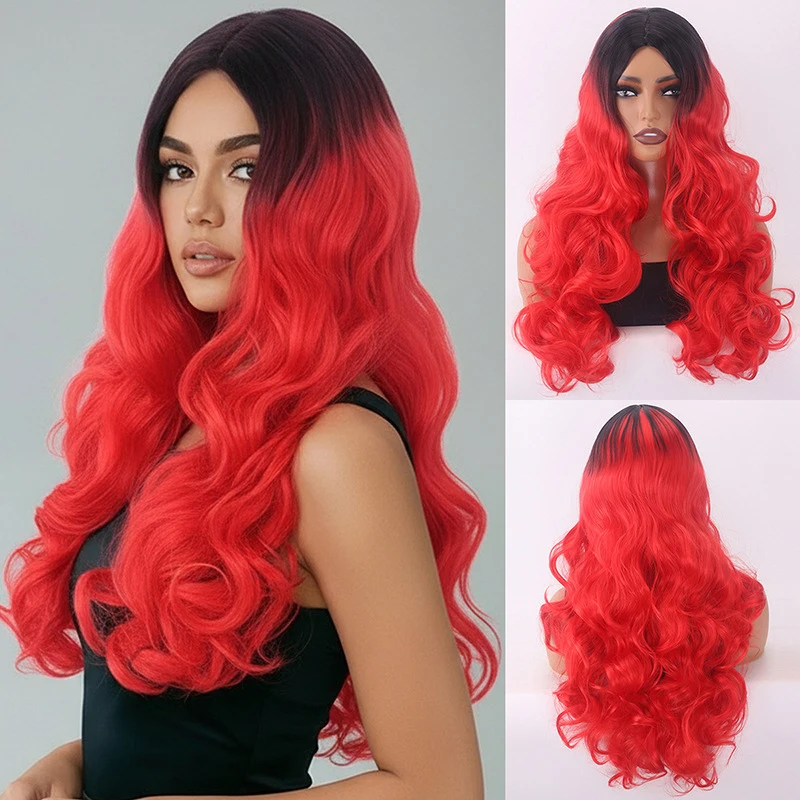 

Women's wig with a middle part, black red, large wavy long curls, suitable for parties, realistic European and American styl
