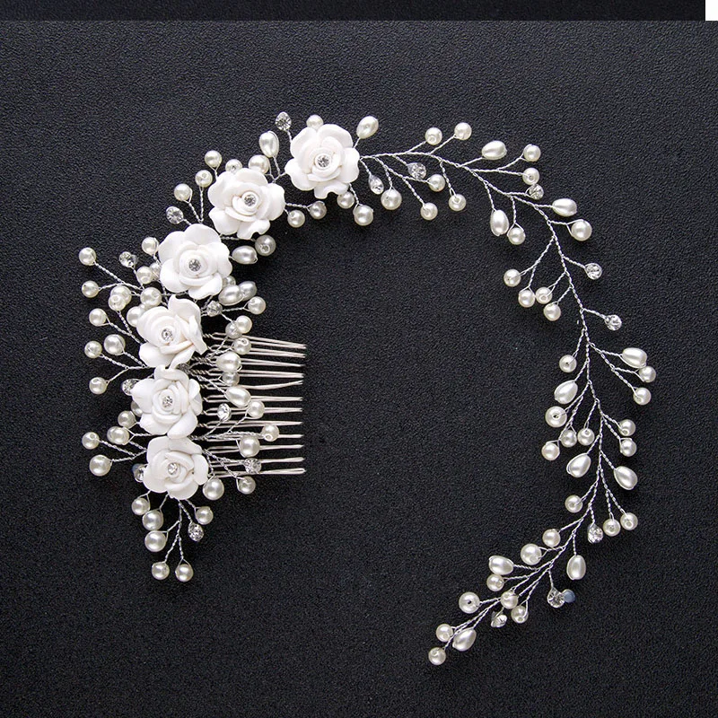 

Elegant Bridal Headwear White Flower Headbands with Hair Combs Artificial Pearls Hairband Bride Wedding Hair Jewelry Accessories