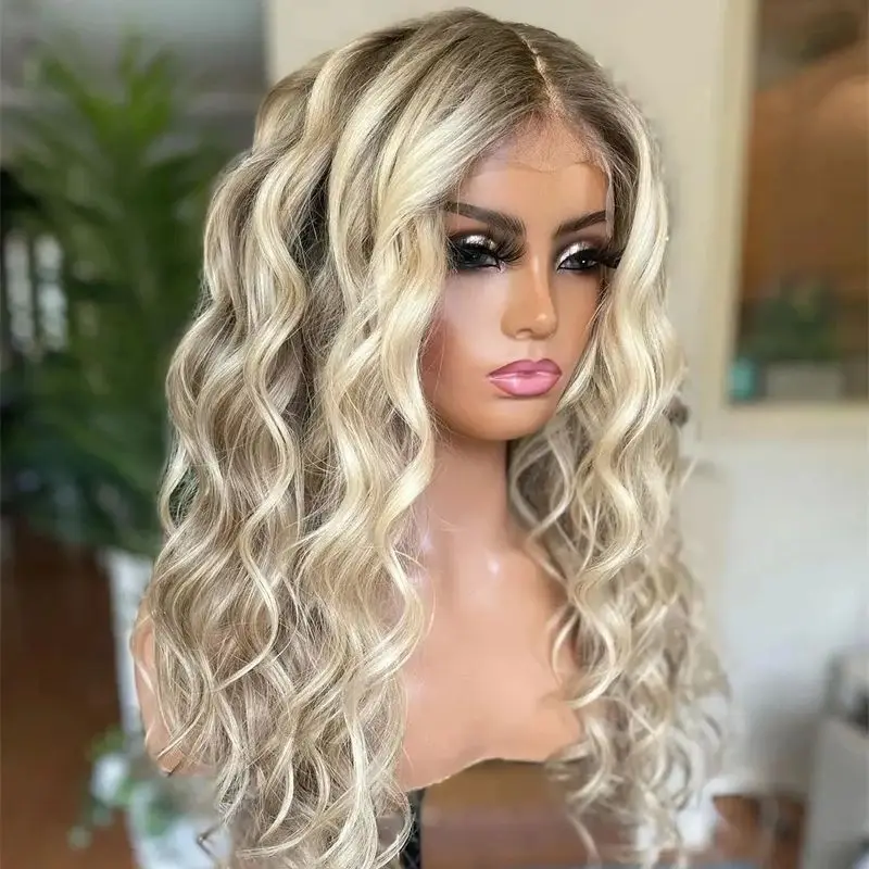 Fashion Wig Cheap Wig Ombre Platinum Ash Blonde Good Quality Synthetic HD Invisible Lace Front Wig for Women Lady Girl Curly Wig