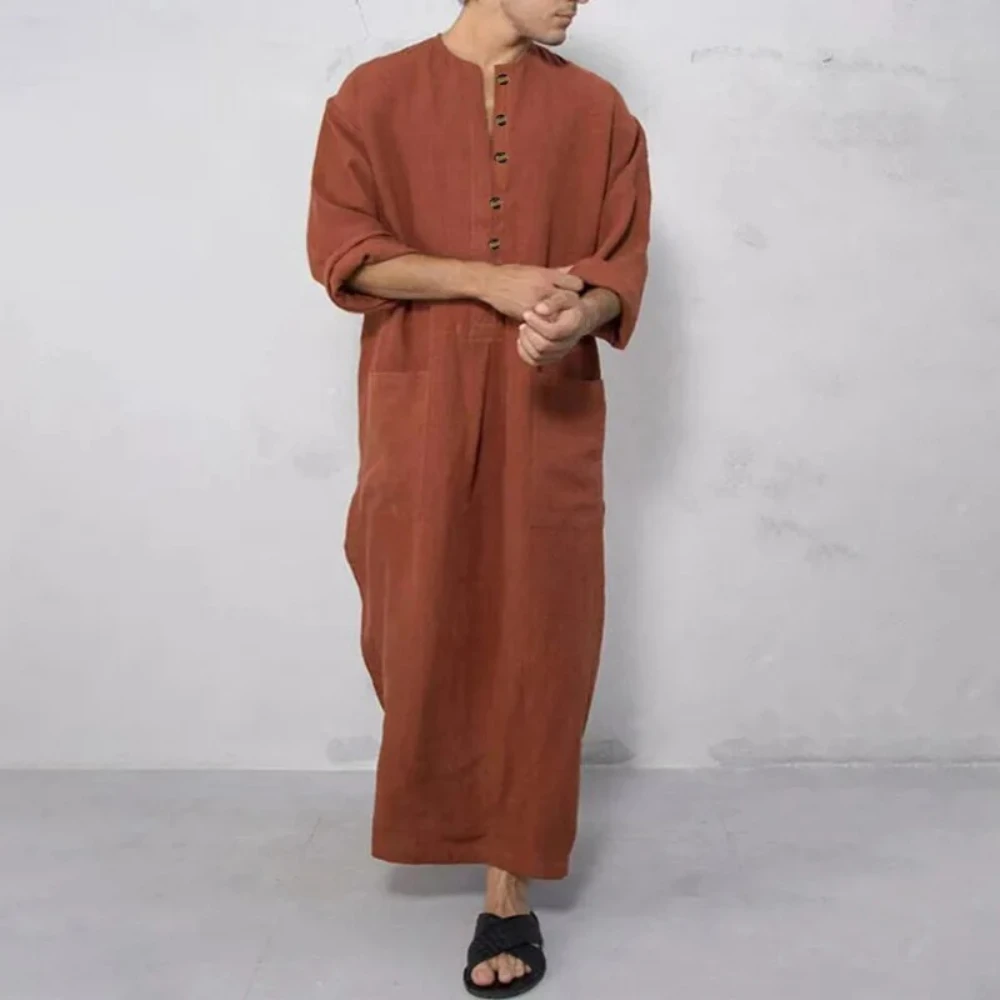Men's Jubba Thobe - Middle Eastern Cotton Blend Long Robe Loose Fit with Buttons Pockets Comfortable for Eid/Ramadan/Daily Wear
