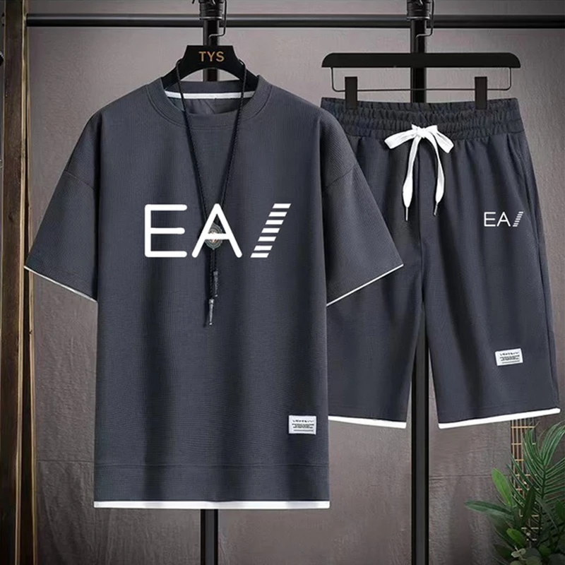 2026 Summer New Men's Casual Fashion Printed Crew Neck Short-Sleeve T-Shirt with Loose Elastic Shorts Beach Sports Set