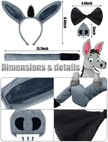 PESENAR Donkey Lion Zebra Giraffe Costume Accessory Set Kids Headband Bowtie Tail Nose for Costume Cosplay Party