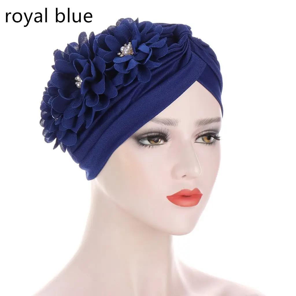 

Turbante Mujer Indian Cap Elastic Pearls Headscarf Turban Women Flowers Ruffle Caps Bonnet