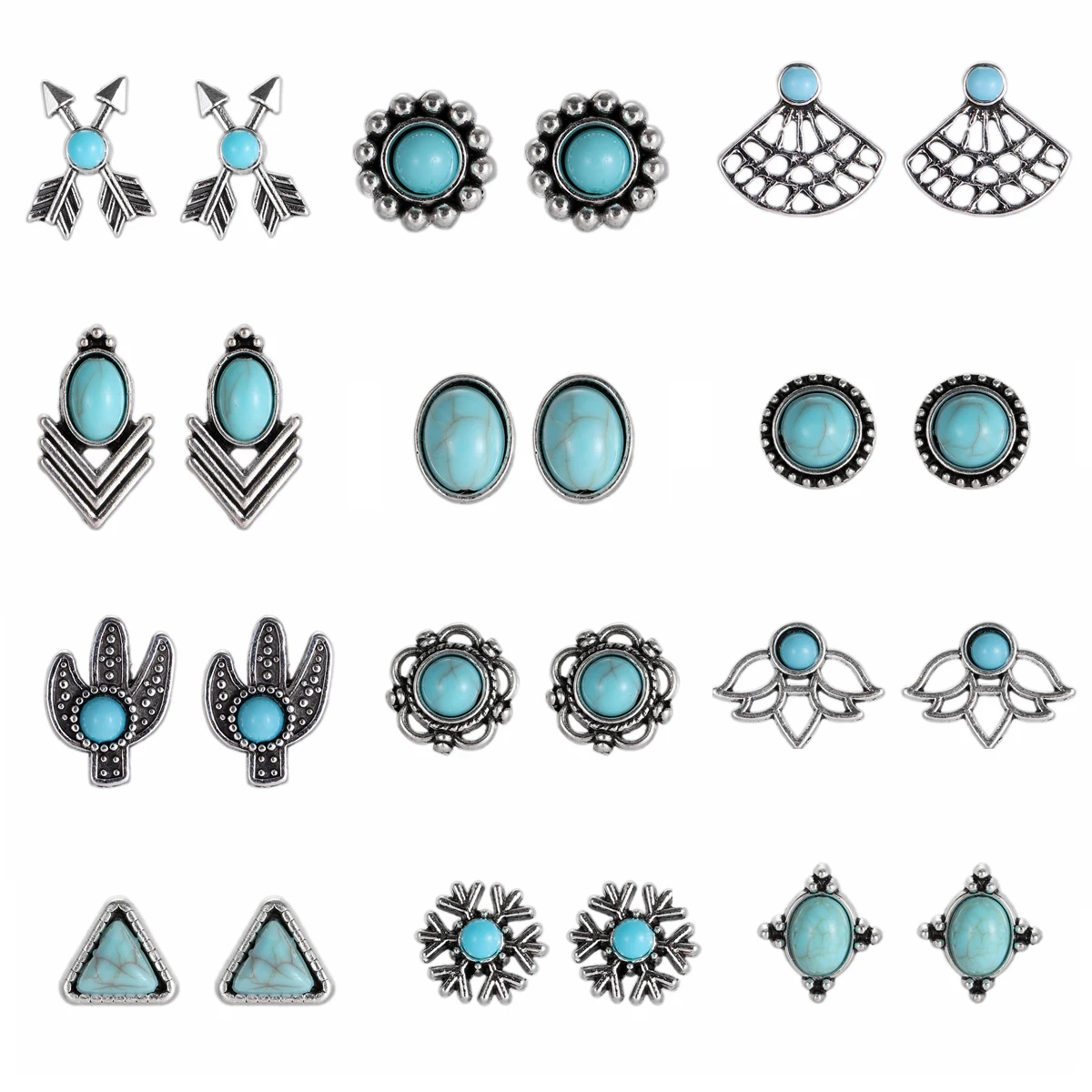 Boho New Turquoise Inlaid Mini Earring for Women Charm Silver Metal Arrow Triangle Geometric Earrings Piercing Stud Jewelry