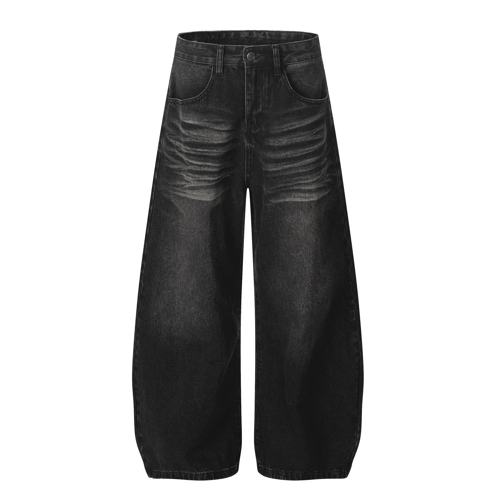 Calças Jeans Retro Americanas com Padrão de Bigodes de Gato em Preto Lavado, Largas e Confortáveis para Homens e Mulheres