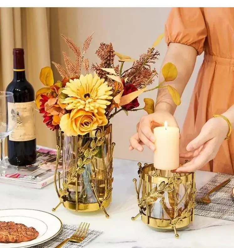 Metal Glassflower Vase Golden Hollow Frame Hydroponic Flower Arrangement Home Decoration Multifunctional Candle Holder