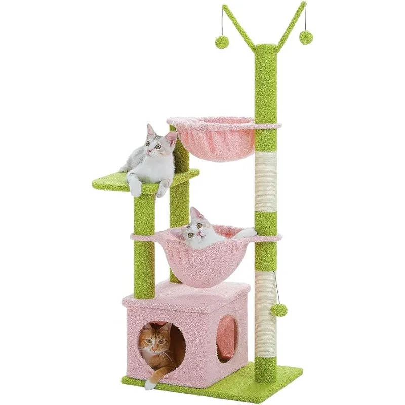 

Pink Cat Tree, 47.6" Cat Tower with 2 Metal Frame Hammock, Cat Scratching Post for Indoor Cats with 2 Removable Pompom Sticks fo