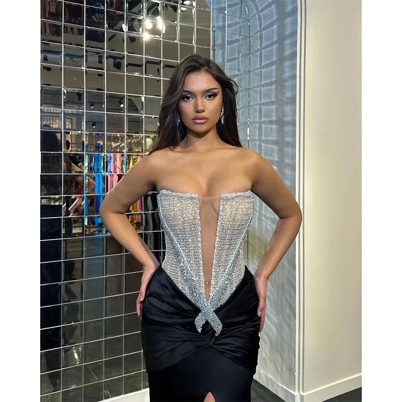 Sexy schwarze Ballkleid Illusion träger lose formelle Abendkleider elegante geteilte Falten Party kleider für besondere Anlässe