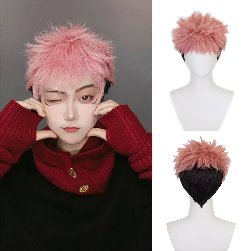 عالية الجودة أنيمي Jujutsu Kaisen Yuji Itadori شعر مستعار صناعي كوسبلاي أسود وردي متدرج شعر قصير منفوش مقاوم للحرارة #1