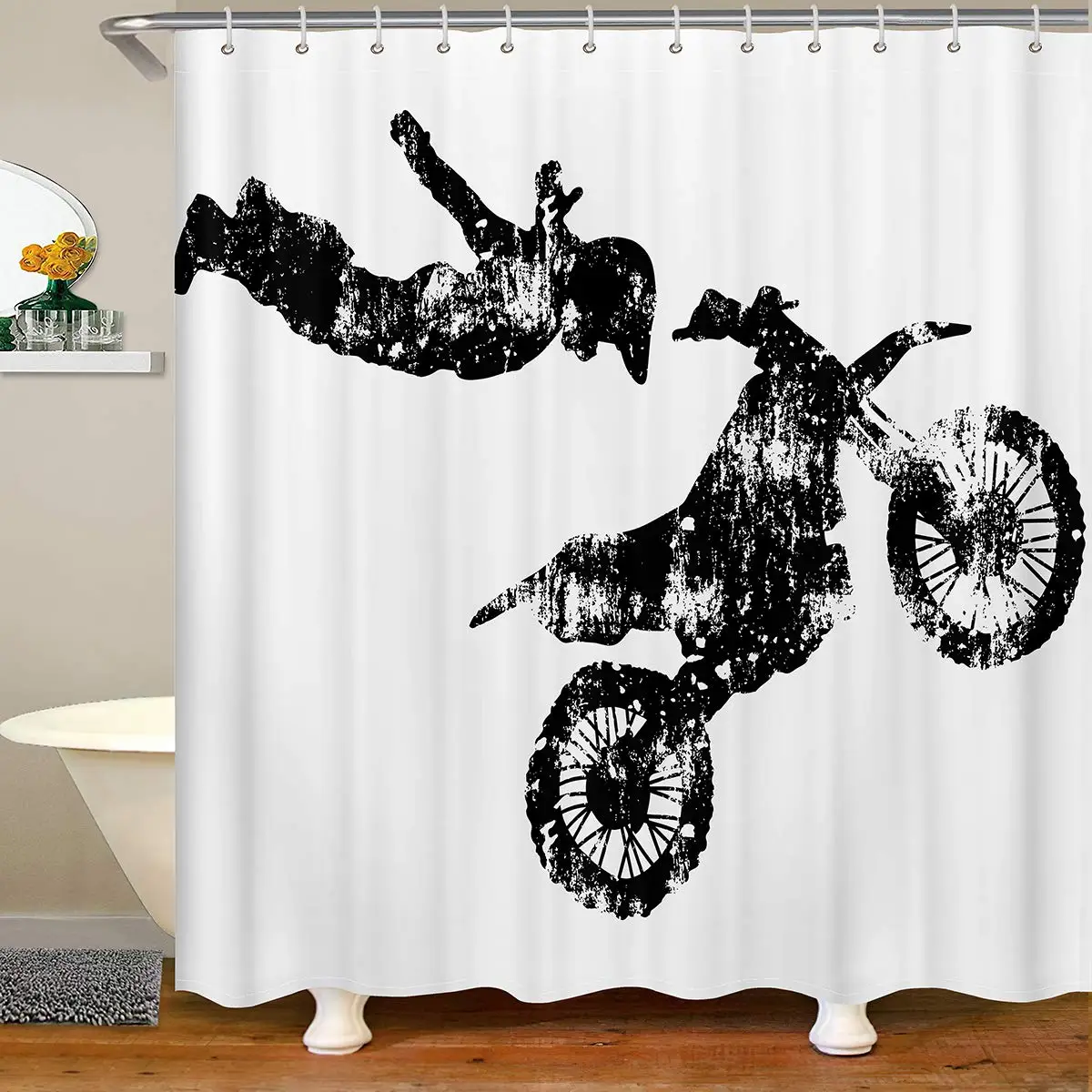 Dirt Bike Shower Curtain, Motocross Rider Bathtub Shower Curtain Motorbike Extreme Sport Game Bathroom Shower Curtain for Kids