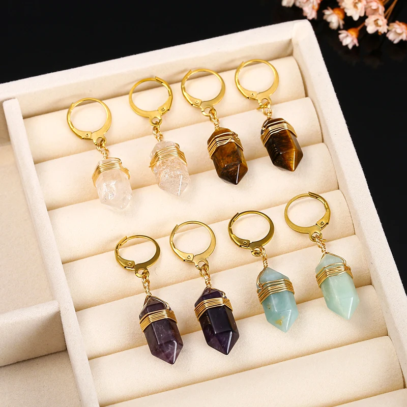 Change Better Natural Black Agate Pink Quartz Tiger Eye Stone Hexagon Dangle Earrings Women Reiki Healing Crystal Hoop Earring