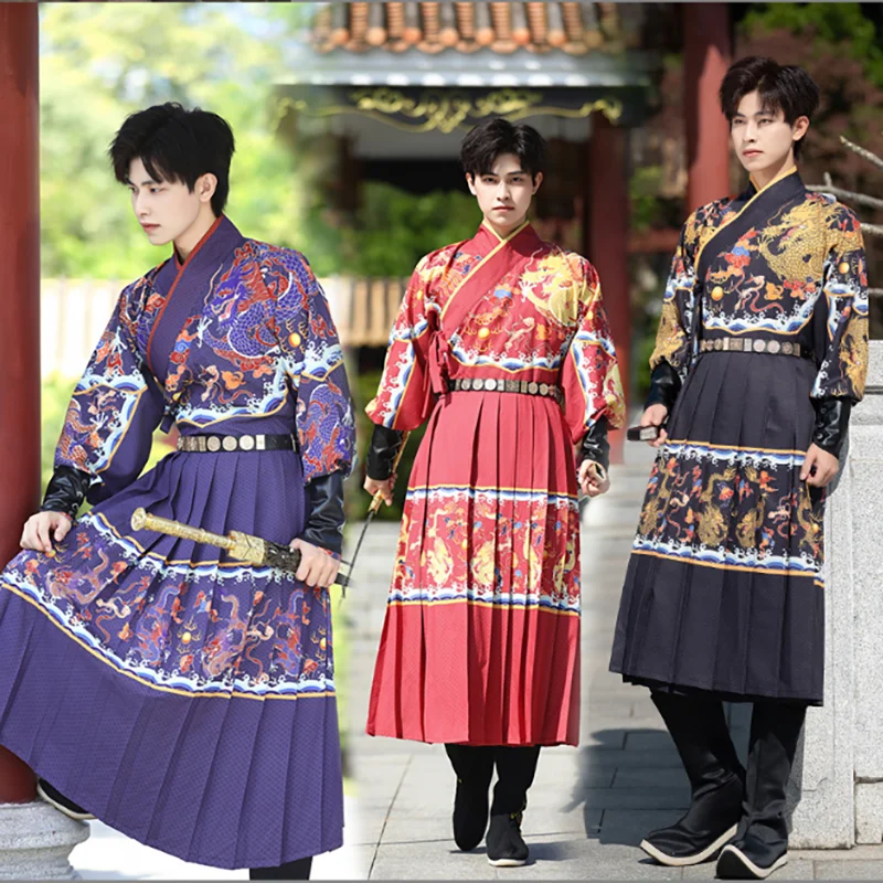 Chinese Hanfu Men Ancient Traditional Hanfu Flying Fish Black Red Robe Cosplay Costume Theme Party Hanfu Tang Suit Plus Size 3XL