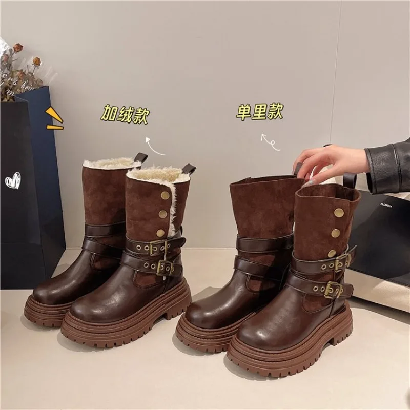 

Winter Women Biker Boots Fashion Belt Buckle Ladies Elegant Platform Flats Short Booties Casual Women's Knight Booties New